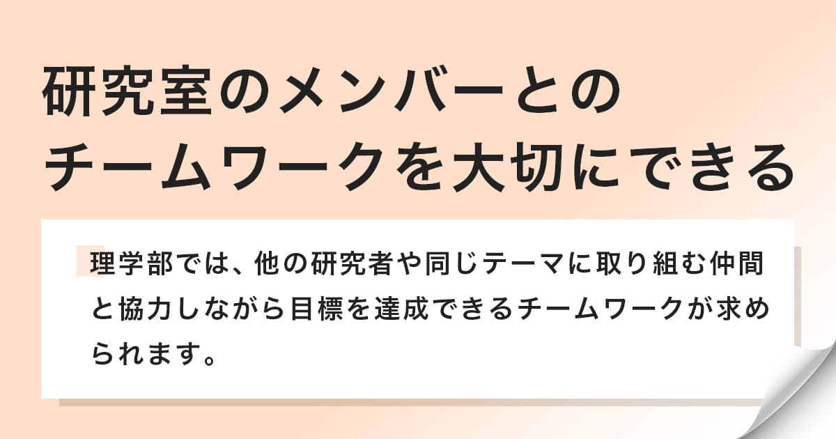 他の研究者や同じテーマに取り組む仲間と協力しながら目標を達成できるチームワーク