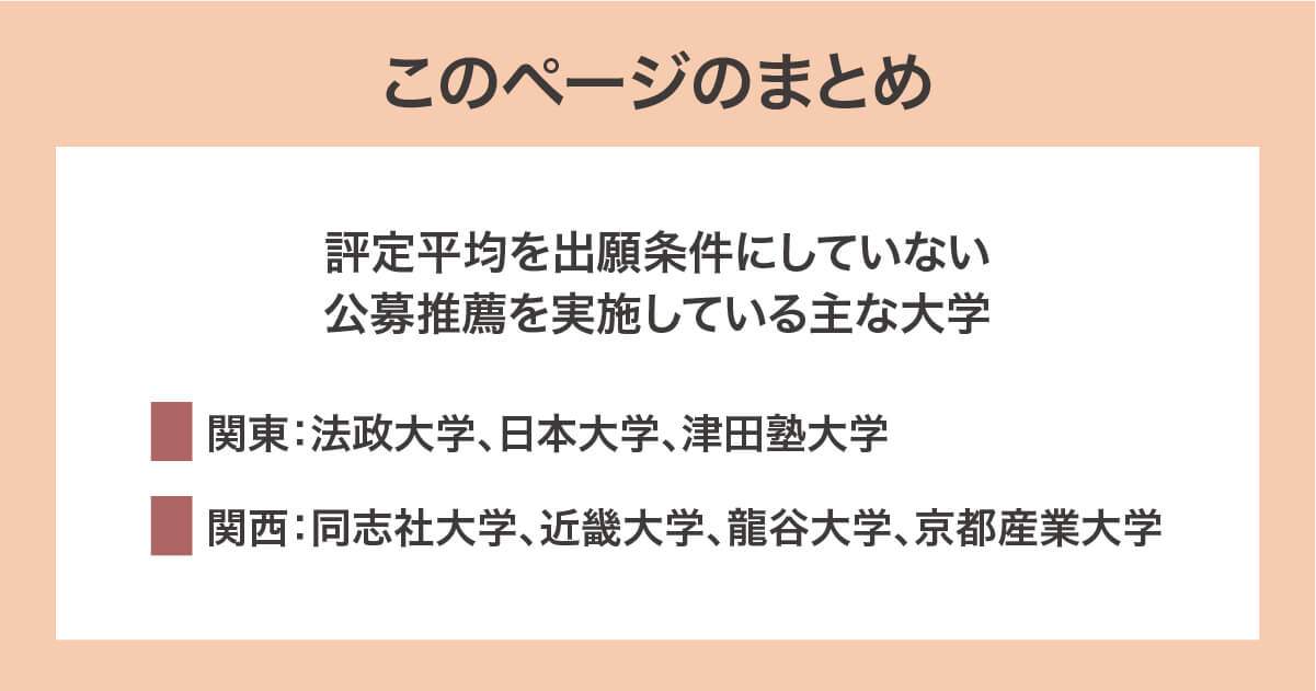 評定平均を出願条件にしていない公募推薦を実施している大学のまとめ